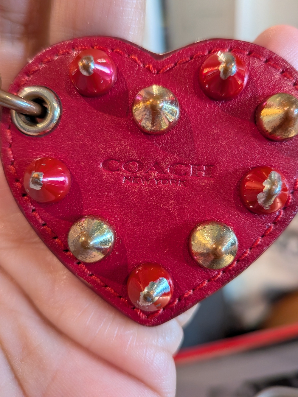 COACH‎ Heart Studded Leather Keychain - Red